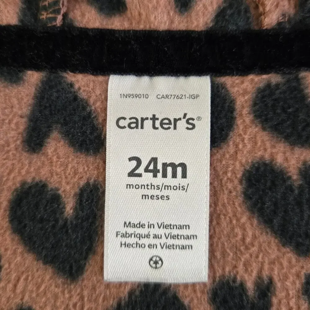 CARTERS Leopard-like Black Heart Print on Brown Fleece Hooded Sleeveless Jacket